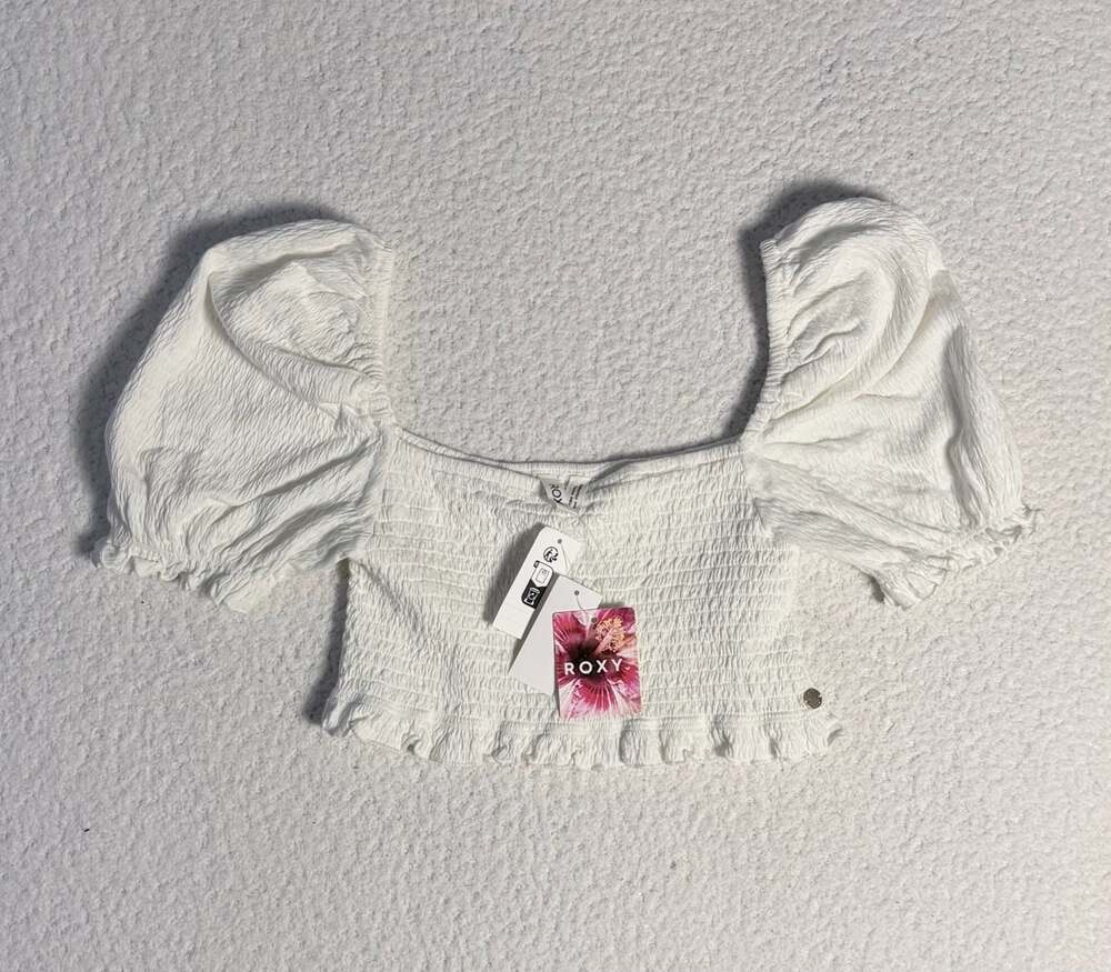 NWT Roxy Sunset Walks Puff Sleeve Smocked Crop Top in White
